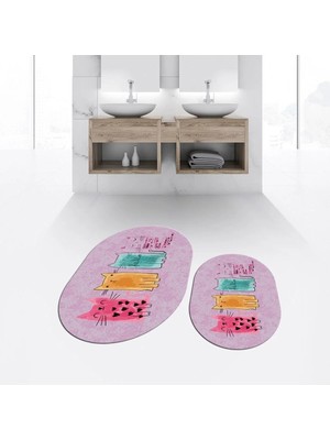 Mikasso Dijital Baskılı Kaymaz Taban Yıkanabilir Oval Ikili Banyo Paspas Klozet Takımı, V-O-Klozet-41-Pembe,