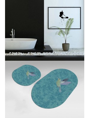 Mikasso Dijital Baskılı Kaymaz Yıkanabilir Kuş Desen Oval Banyo Takımı Klozet Takımı, N-O-Klozet-36-Mavi, Po