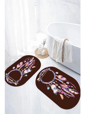 Mikasso Dijital Kaymaz Taban Yıkanabilir Renkli Kuş Tüy Model Oval Banyo Paspası Klozet Takımı Polyester Çok