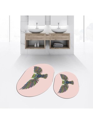 Mikasso Dijital Baskılı Kaymaz Taban Yıkanabilir Oval Ikili Banyo Paspas Klozet Takımı, V-O-Klozet-37-Pembe,