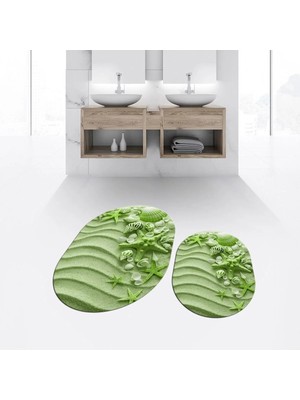 Mikasso Dijital Baskılı Kaymaz Taban Yıkanabilir Oval Ikili Banyo Paspas Klozet Takımı, V-O-Klozet-48-Yeşil,