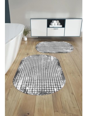 Mikasso Dijital Yıkanabilir Kare Desen Detaylı Oval Banyo Paspası Klozet Takımı Polyester Gri