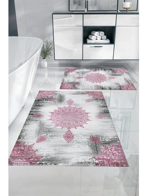 Mikasso Dijital Baskılı Yıkanabilir Sade Vektörel Desenli Banyo Paspası Klozet Takımı Polyester Pembe