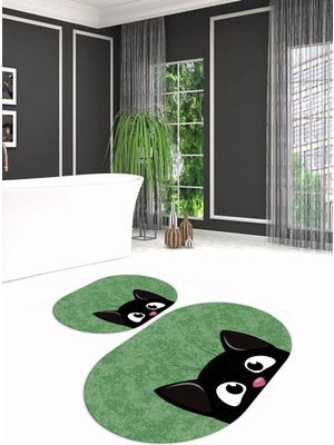 Mikasso Dijital Kaymaz Yıkanabilir Kedi Desen Oval Banyo Takımı Klozet Takımı, N-O-Klozet-40-Yeşil, Polyeste