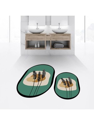 Mikasso Dijital Baskılı Kaymaz Taban Yıkanabilir Oval Ikili Banyo Paspas Klozet Takımı, V-O-Klozet-28-Yeşil,
