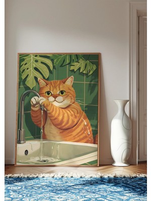 Mikasso Sarman Kedi Posteri, Kedi Temalı Poster, Elini Yıkayan Kedi Posteri Çerçevesiz Kağıt Çok Renkli Çerç