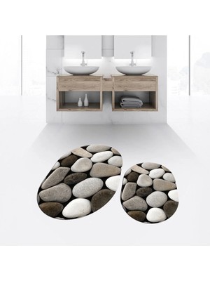 Mikasso Dijital Baskılı Kaymaz Taban Yıkanabilir Oval Ikili Banyo Paspas Klozet Takımı, V-O-Klozet-46-Kahve,