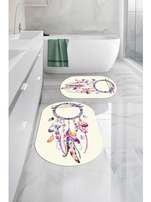 Mikasso Dijital Yıkanabilir Kaymaz Taban Kuş Tüyü Desenli Oval Banyo Paspası Klozet Takımı Polyester Bej