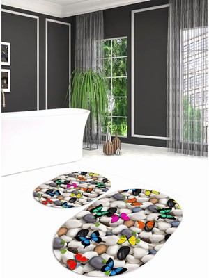 Mikasso 3D Dijital Baskılı Kaymaz Taban Yıkanabilir Oval Banyo Takımı Klozet Takımı, N-O-Klozet-44-Renkli, P