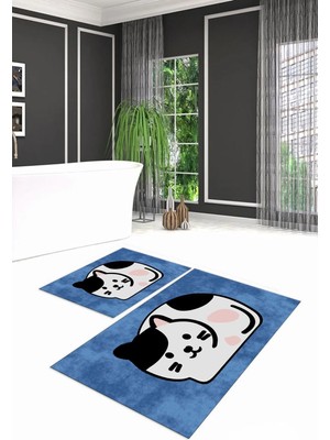 Mikasso Dijital Baskılı Kaymaz Yıkanabilir Kedi Desen Ikili Banyo Takımı Klozet Takımı, N-Klozet-43-Mavi, Po