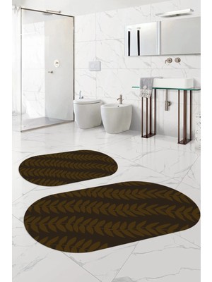 Mikasso Dijital Baskılı Yıkanabilir Kaymaz Taban Yaprak Desenli Oval Banyo Paspası Klozet Takımı Polyester K