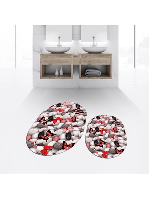 Mikasso Dijital Baskılı Kaymaz Yıkanabilir Oval Ikili Banyo Paspas Klozet Takımı, V-O-Klozet-44-Kırmızı, Pol
