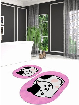 Mikasso Dijital Kaymaz Yıkanabilir Kedi Desen Oval Banyo Takımı Klozet Takımı, N-O-Klozet-43-Pembe, Polyeste