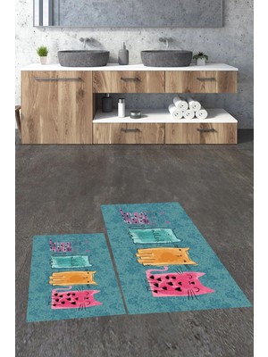 Mikasso Baskılı Yıkanabilir Kaymaz Renkli Kediler Desenli Ikili Banyo Halısı Klozet Takımı Polyester Mavi
