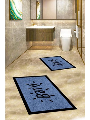 Mikasso Baskılı Yıkanabilir Kaymaz Çerçeveli Bath Yazılı Ikili Banyo Halısı Paspas Klozet Takımı Polyester M