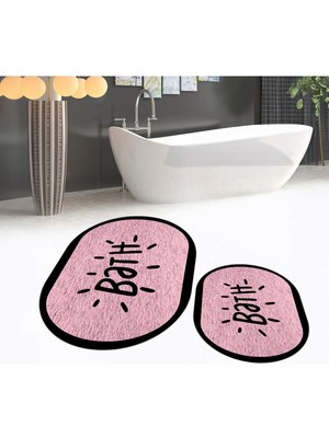 Mikasso Dijital Baskılı Kaymaz Taban Yıkanabilir Oval Ikili Banyo Paspas Klozet Takımı, V-O-Klozet-10-Pembe,