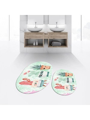 Mikasso Dijital Baskılı Kaymaz Taban Yıkanabilir Oval Ikili Banyo Paspas Klozet Takımı, V-O-Klozet-24-Yeşil,