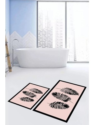 Mikasso Baskılı Yıkanabilir Kaymaz Renkli Yapraklı Desen Ikili Banyo Halısı Klozet Takımı Polyester Pembe