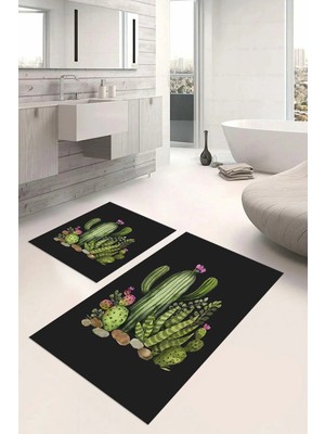 Mikasso Dijital Baskılı Yıkanabilir Kaymaz Taban Kaktüs Desenli Banyo Paspası Klozet Takımı Polyester Gri