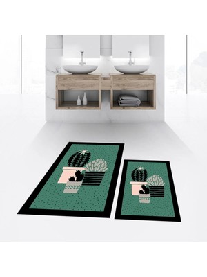 Mikasso Dijital Baskılı Kaymaz Taban Yıkanabilir Ikili Banyo Paspas Klozet Takımı, V-Klozet-22-Yeşil, Polyes