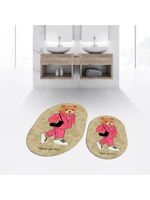 Mikasso Dijital Baskılı Kaymaz Taban Yıkanabilir Oval Ikili Banyo Paspas Klozet Takımı, V-O-Klozet-34-Kahve,