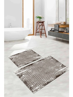 Mikasso Dijital Baskılı Yıkanabilir Kare Desen Detaylı Banyo Paspası Klozet Takımı Polyester Kahverengi