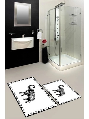 Mikasso Baskılı Yıkanabilir Kaymaz Fil Desenli Ikili Banyo Halısı Paspas Klozet Takımı Polyester Beyaz