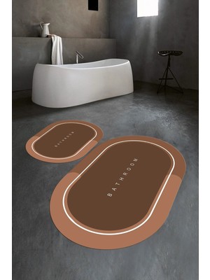 Mikasso Dijital Baskılı Kaymaz Yıkanabilir Bathroom Oval Banyo Takımı Klozet Takımı Polyester Kahverengi