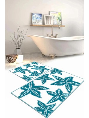 Mikasso Dijital Baskılı Yıkanabilir Kaymaz Taban Deniz Yıldızı Banyo Paspası Klozet Takımı Polyester Turkuaz