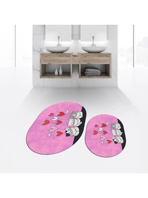 Mikasso Dijital Baskılı Kaymaz Taban Yıkanabilir Oval Ikili Banyo Paspas Klozet Takımı, V-O-Klozet-42-Pembe,