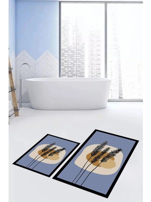 Mikasso Baskılı Yıkanabilir Kaymaz Renkli Çiçekli Ikili Banyo Halısı Paspas Klozet Takımı Polyester Mavi