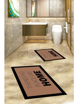 Mikasso Baskılı Yıkanabilir Kaymaz Home Yazılı Ikili Banyo Halısı Paspas Klozet Takımı Polyester Kahverengi
