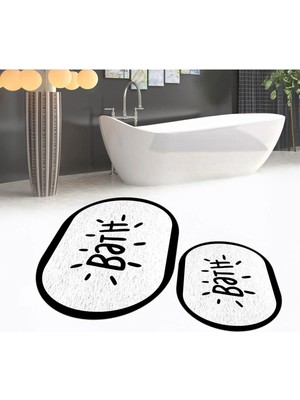 Mikasso Dijital Baskılı Kaymaz Taban Yıkanabilir Oval Ikili Banyo Paspas Klozet Takımı, V-O-Klozet-10-Beyaz,