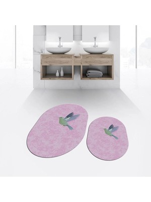 Mikasso Dijital Baskılı Kaymaz Taban Yıkanabilir Oval Ikili Banyo Paspas Klozet Takımı, V-O-Klozet-36-Pembe,