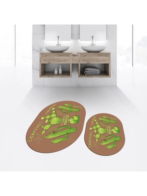Mikasso Dijital Baskılı Kaymaz Taban Yıkanabilir Oval Ikili Banyo Paspas Klozet Takımı, V-O-Klozet-23-Kahve,