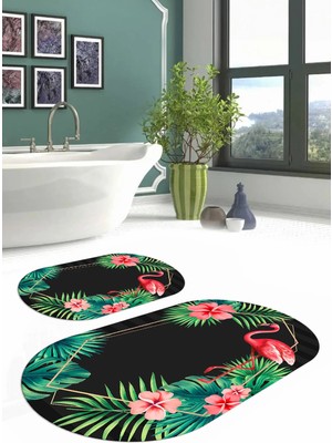 Mikasso Dijital Yıkanabilir Renkli Flamingo Desenli Oval Banyo Paspası Klozet Takımı Polyester Gri