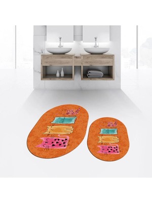 Mikasso Dijital Baskılı Kaymaz Yıkanabilir Oval Ikili Banyo Paspas Klozet Takımı, V-O-Klozet-41-Turuncu, Pol
