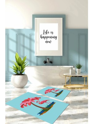 Mikasso Dijital Baskılı Yıkanabilir Sade Flamingo Desenli Banyo Paspası Klozet Takımı Polyester Turkuaz