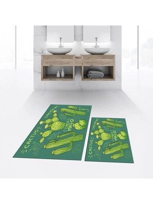 Mikasso Dijital Baskılı Kaymaz Taban Yıkanabilir Ikili Banyo Paspas Klozet Takımı, V-Klozet-23-Yeşil, Polyes