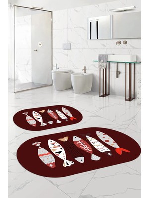 Mikasso Dijital Yıkanabilir Renkli Balık Desenli Oval Banyo Paspası Klozet Takımı Polyester Bordo