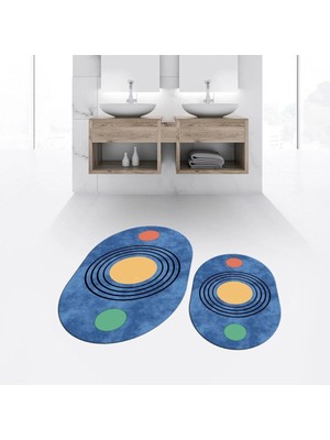 Mikasso Dijital Baskılı Kaymaz Taban Yıkanabilir Oval Ikili Banyo Paspas Klozet Takımı, V-O-Klozet-49-Mavi,