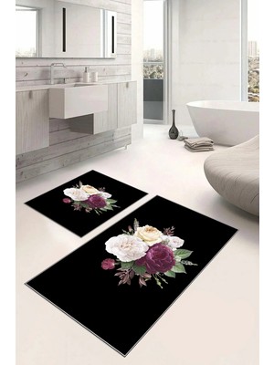 Mikasso Dijital Baskılı Yıkanabilir Kaymaz Taban Çiçek Motifli Banyo Paspası Klozet Takımı Polyester Siyah