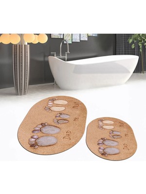 Mikasso Dijital Baskılı Kaymaz Taban Yıkanabilir Oval Ikili Banyo Paspas Klozet Takımı, V-O-Klozet-16-Kahve,