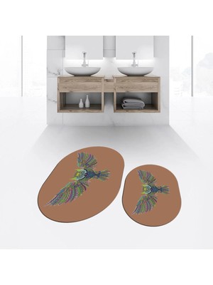 Mikasso Dijital Baskılı Kaymaz Taban Yıkanabilir Oval Ikili Banyo Paspas Klozet Takımı, V-O-Klozet-37-Kahve,