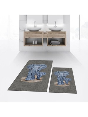 Mikasso Dijital Baskılı Kaymaz Taban Yıkanabilir Ikili Banyo Paspas Klozet Takımı, V-Klozet-33-Gri, Polyeste