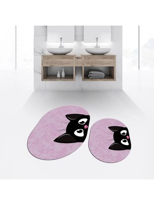 Mikasso Dijital Baskılı Kaymaz Taban Yıkanabilir Oval Ikili Banyo Paspas Klozet Takımı, V-O-Klozet-40-Pembe,
