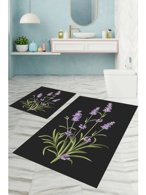 Mikasso Dijital Baskılı Yıkanabilir Sade Çiçek Desenli Banyo Paspası Klozet Takımı Polyester Gri