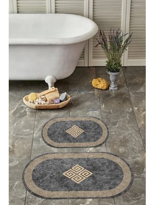 Mikasso Dijital Yıkanabilir Çerçeveli Klasik Model Oval Banyo Paspası Klozet Takımı Polyester Bej