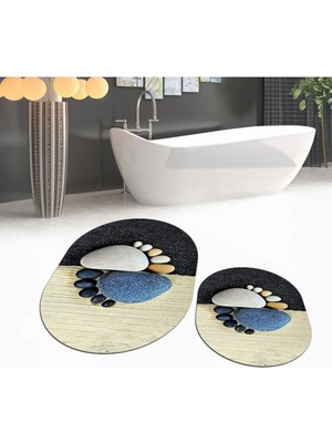 Mikasso Dijital Baskılı Kaymaz Yıkanabilir Oval Ikili Banyo Paspas Klozet Takımı, V-O-Klozet-17-Renkli, Poly