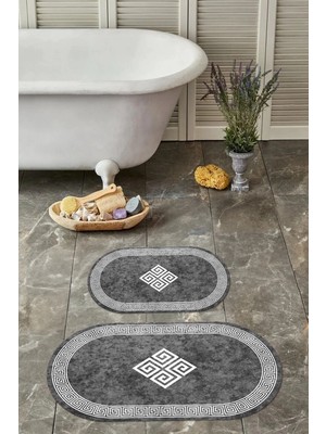 Mikasso Dijital Yıkanabilir Çerçeveli Klasik Model Oval Banyo Paspası Klozet Takımı Polyester Gri